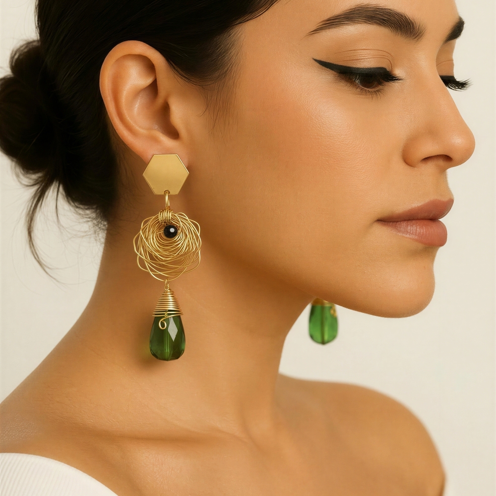 Elegant Gold and Green Drop Wirework Earrings